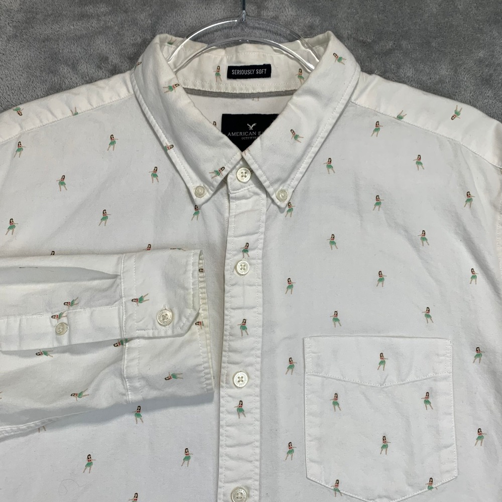 American Eagle Seriously Soft Hula Girl Print Button Down Shirt Large